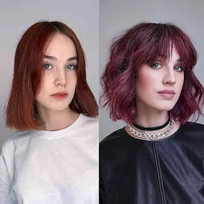 Wine-Colored Layered Bob with Bangs