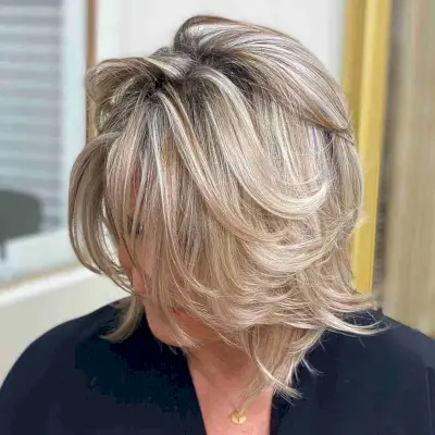 Layered and Messy Bob with Highlights and Dark Shadow Roots
