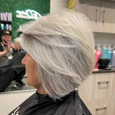 Textured Bob with Natural Grey Color and Layers for older ladies