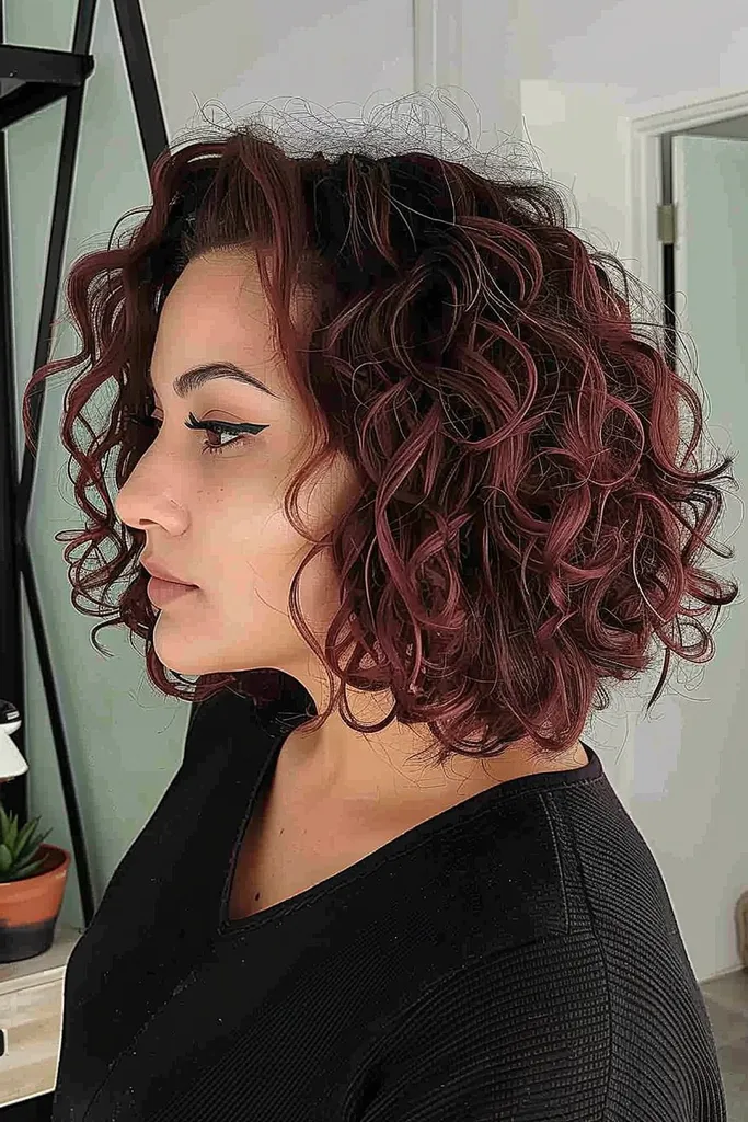 בוב מתולתל בינוני עם תסרוקת בורגונדי מדגיש' title=