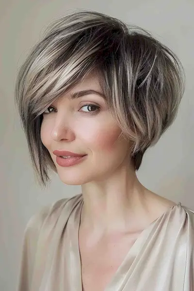 Chin-length stacked bob with side-swept fringe and two-tone highlights