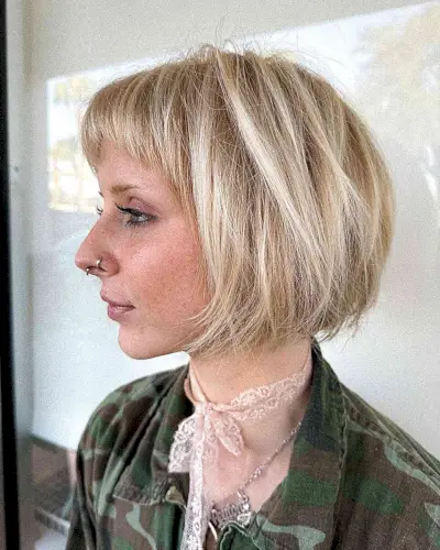 Textured Chin-Length Short Bob with Baby Bangs