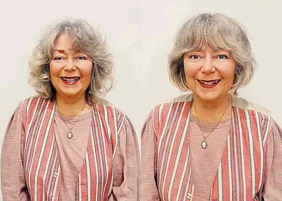 Silver Chin-Length Bob with Bottleneck Bangs for ladies over 70 with aging coarse hair