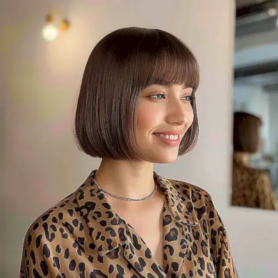Chin-Length, One-Length Bob with Blunt Fringe
