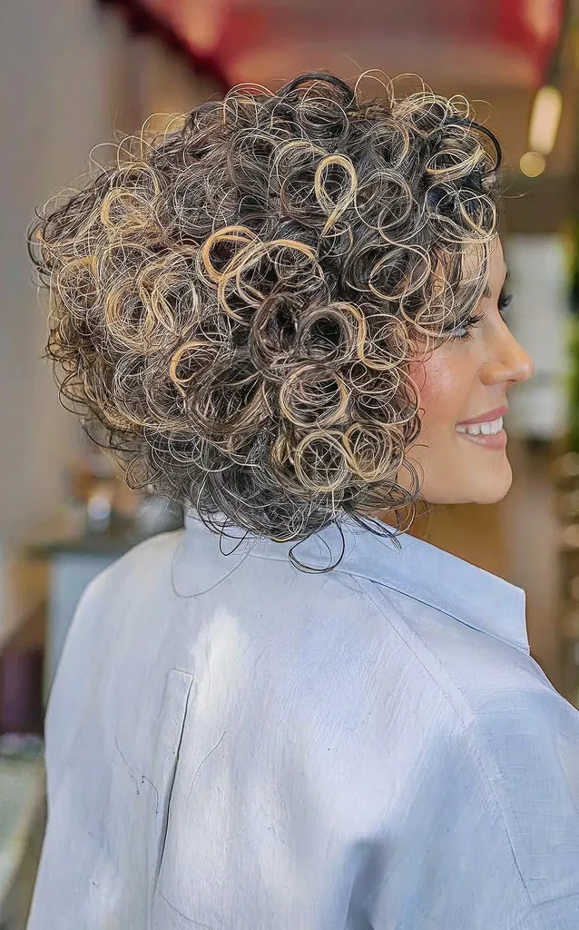 Dark Curly Short Stacked Bob with Beige Blonde Highlights pentru femei cu bucle groase' title=