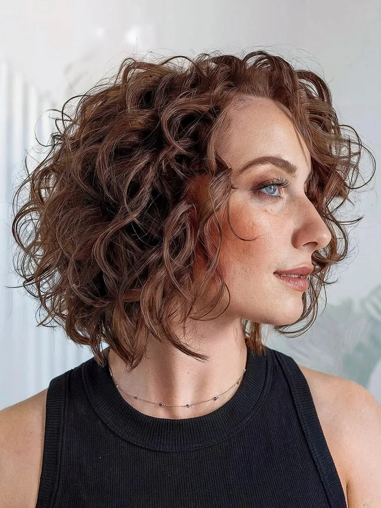 Bob tăiat cu straturi scurte stivuite pentru păr creț subțire' title=