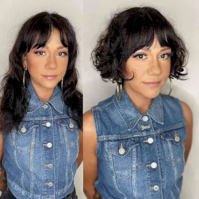 Curly French Bob with Thin Bangs
