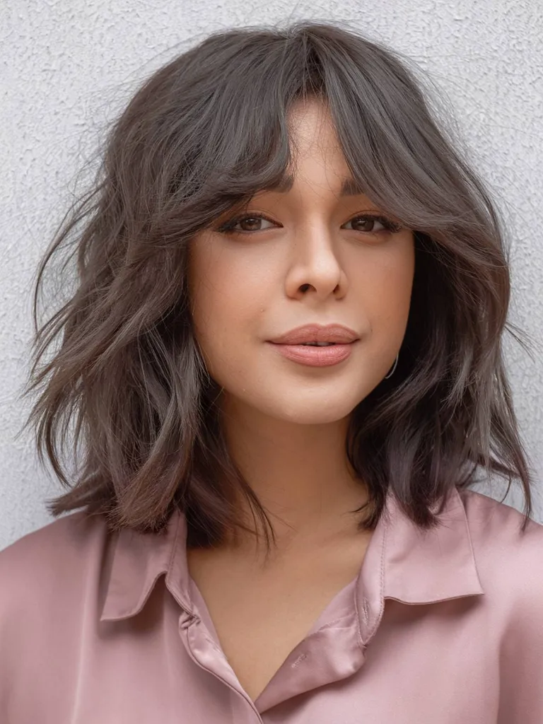 Huňatý lob se závěsovou ofinou pro tmavé jemné vlasy' title=