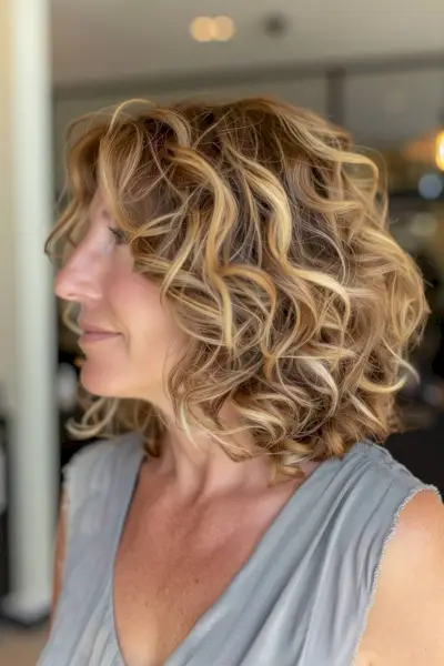 Curly shoulder-length stacked bob with blonde highlights for fine hair