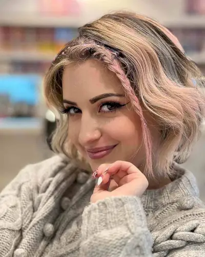 Short Choppy Bob with a Pink Braid in Front for Fine Hair