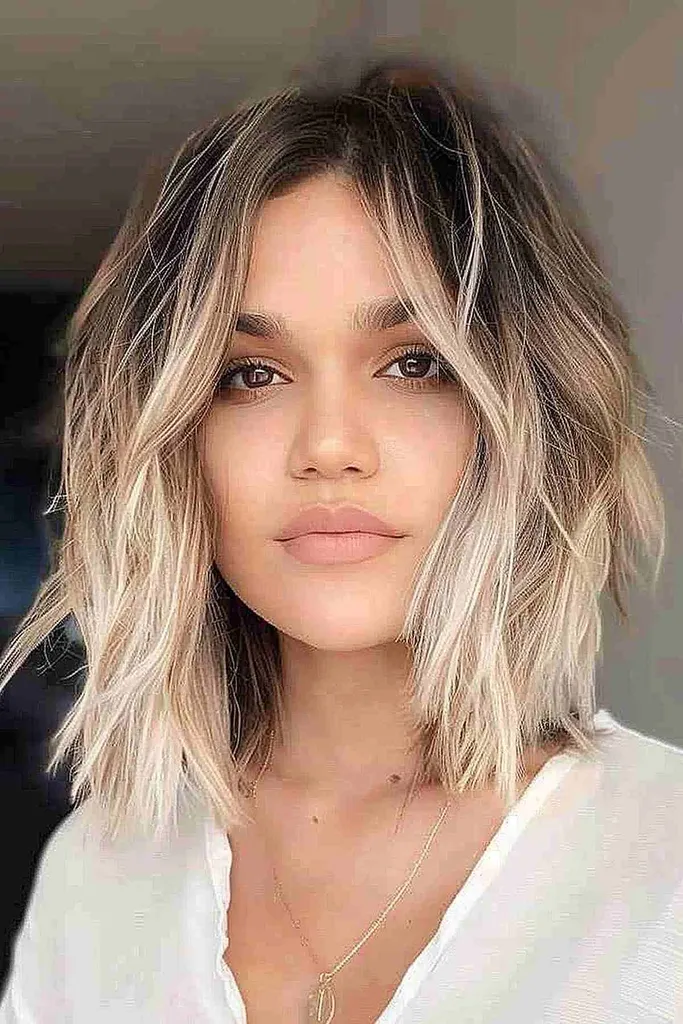 Femeie cu un lob plin de straturi, cu balayage de la brună la blondă' title=