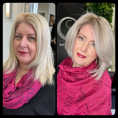 blonde bob with an off-center part