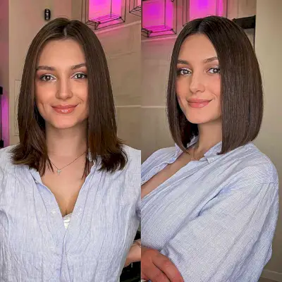 Chocolatey Middle-Parted Straight Bob for women with shoulder-length hair