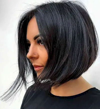 Jet Black Layered Bob for Very Fine Hair with layers and a slight angle in the back