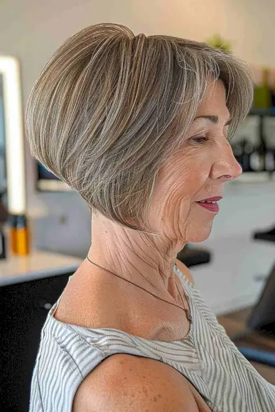 a flattering short layered bob for women over 60
