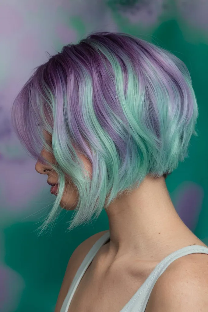 Fluoriet flow bob met pastelgroen, paarse en diep violette tinten die vermengen als natuurlijke fluorietsteen' title=