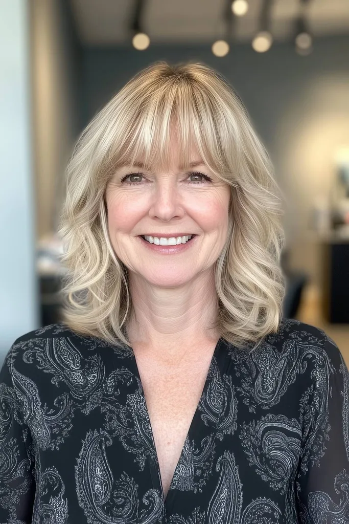 Femeie de peste 60 de ani cu bob și breton moale în straturi' title=