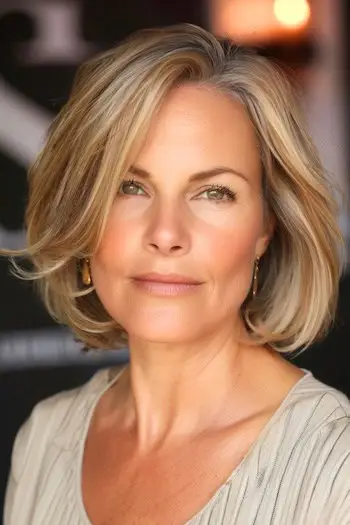 Coafura Bob ciufulit cu breton lateral lung pentru femei peste 40 de ani.