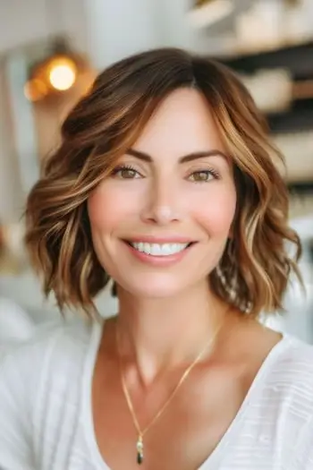 Coafura Bob ondulat texturat pentru femei peste 40 de ani.