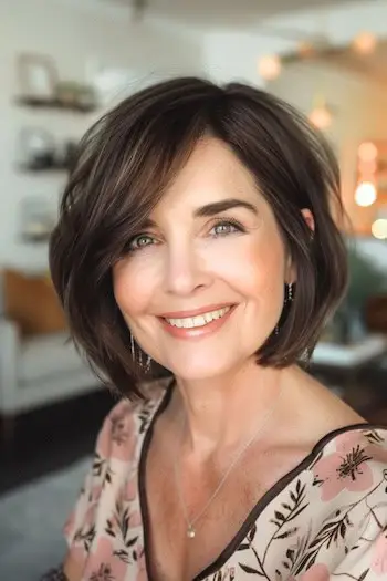 Lungimea bărbiei Bob cu breton măturat lateral Coafura pentru femei peste 40 de ani.