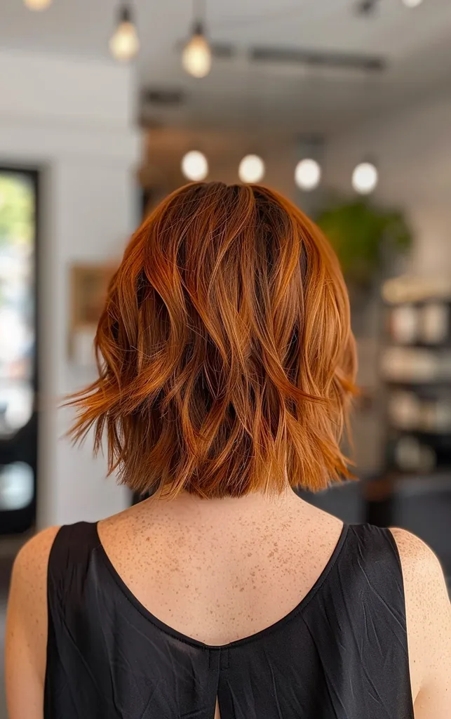 Vue arrière de Bob hirsute en couches avec des couches agitées et une couleur cuivre' title=