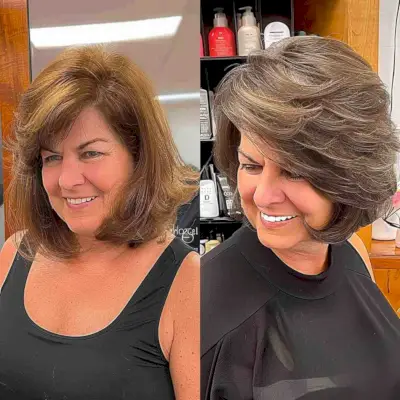 Woman with a dynamic feathered layered bob for thick hair showcasing volume and movement.