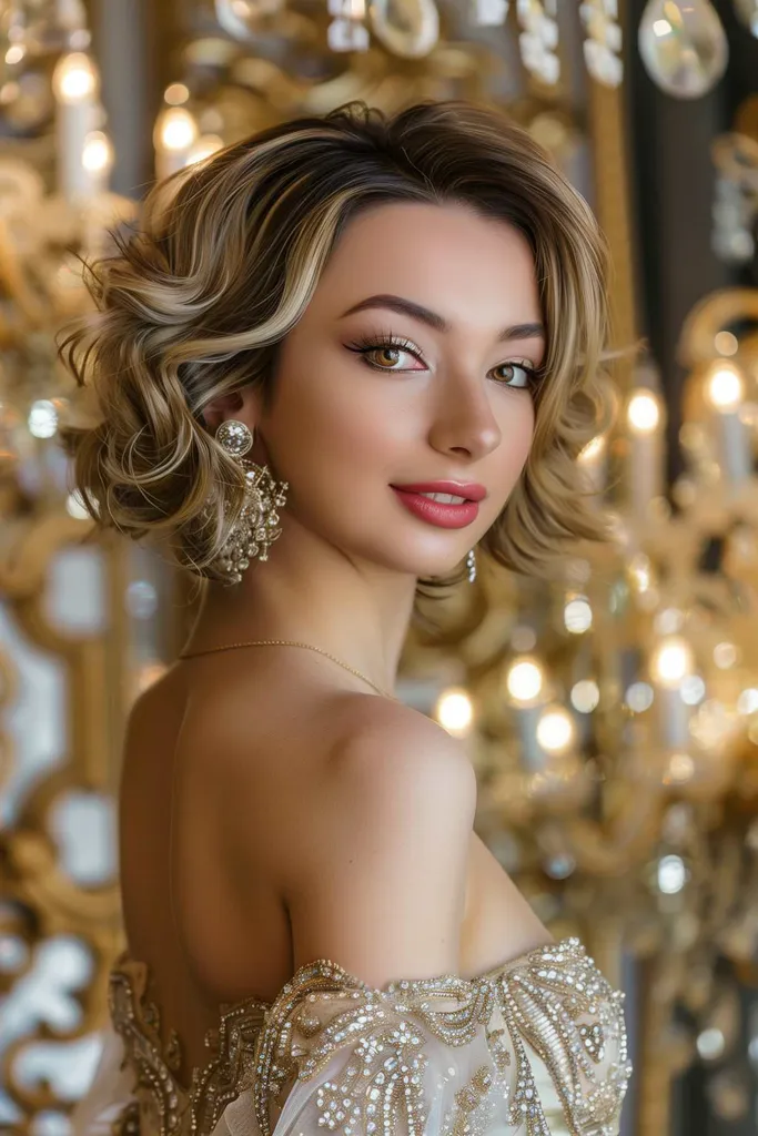 Vrouw met een omgekeerde theekopjesbob met een volumineuze uitbarsting en glamoureuze golven.' title=