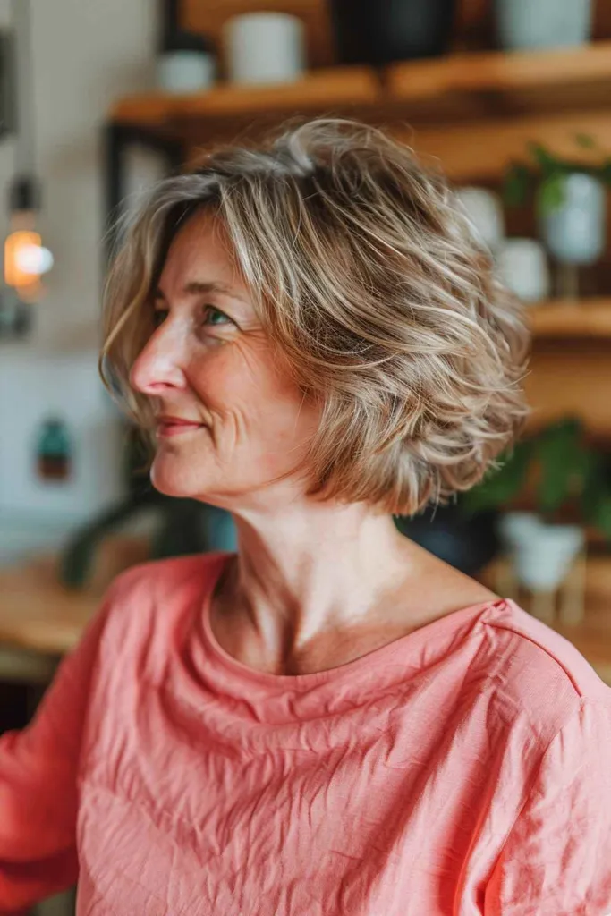 Vrouw met een slordige omgekeerde theekopjesbob met warrige laagjes.' title=