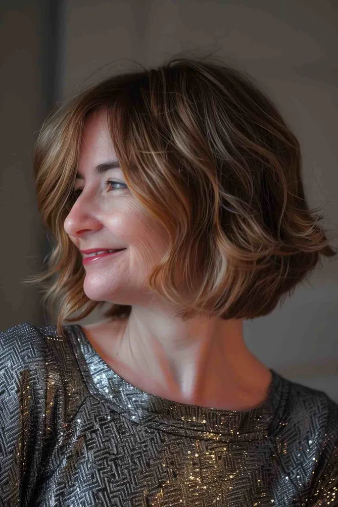 Vrouw met een omgekeerde theekopjesbob met opvallende kleuraccenten en golven.' title=