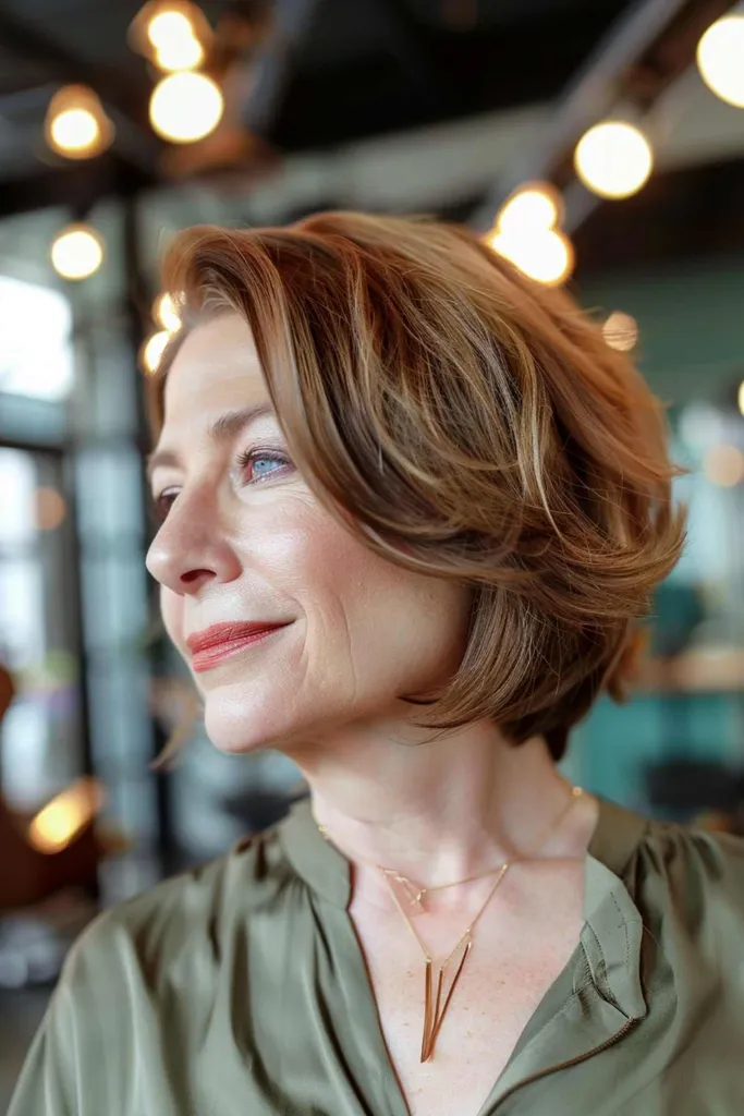 Vrouw met een scherpe, omgekeerde bob met scheermesjes en een zijscheiding.' title=