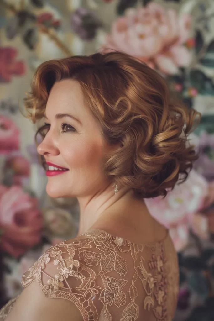 Vrouw met een romantische theekopjesbob met zachte krullen en een zijscheiding.' title=