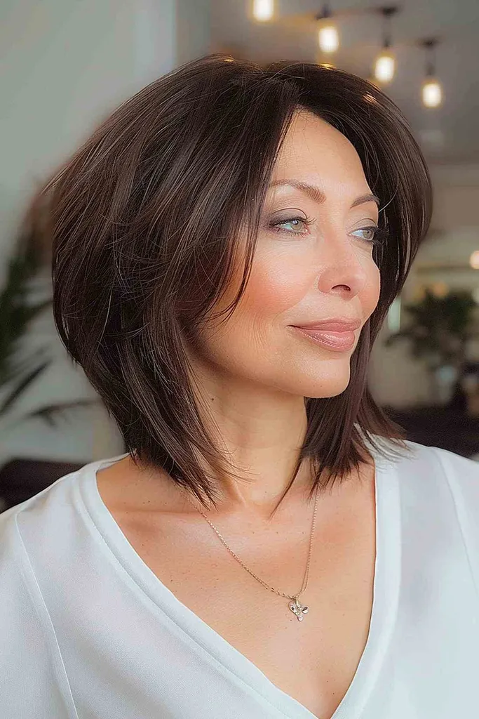 Idealnie ułożony długi bob (lob) do włosów średnich i grubych, z subtelnymi warstwami okalających twarz i wypolerowanym wykończeniem.' title=