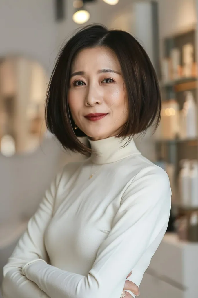 ストレートから少しウェーブのかかった髪向けのサイドパート付きのアシンメトリーチャイナボブ' title=