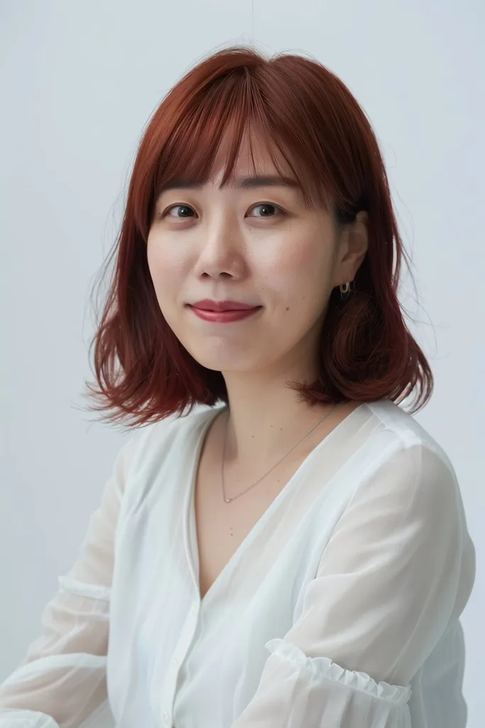 ストレートからわずかにウェーブのかかった髪向けの、あごにかかる長さのフリンジ付きの赤いボブ' title=