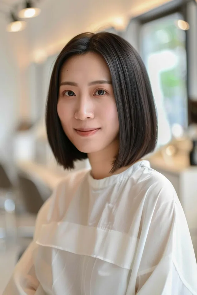 センターパートのある細いストレートヘア用の肩までの長さのブラントカットロブ' title=