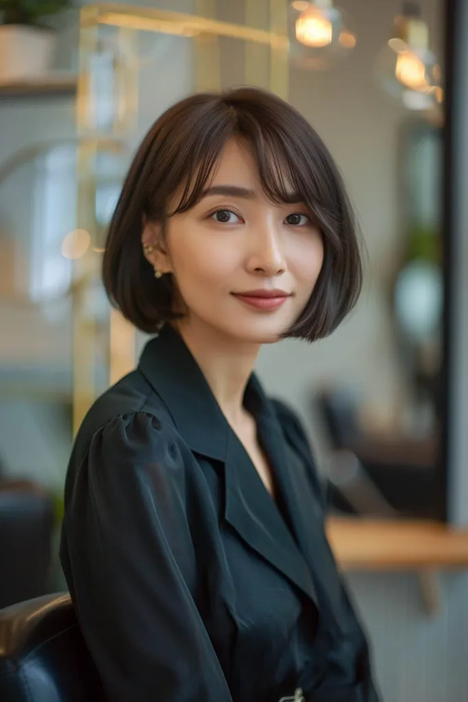 ストレートまたはわずかにウェーブのかかった髪のための柔らかい前髪のあるモダンなボブ' title=