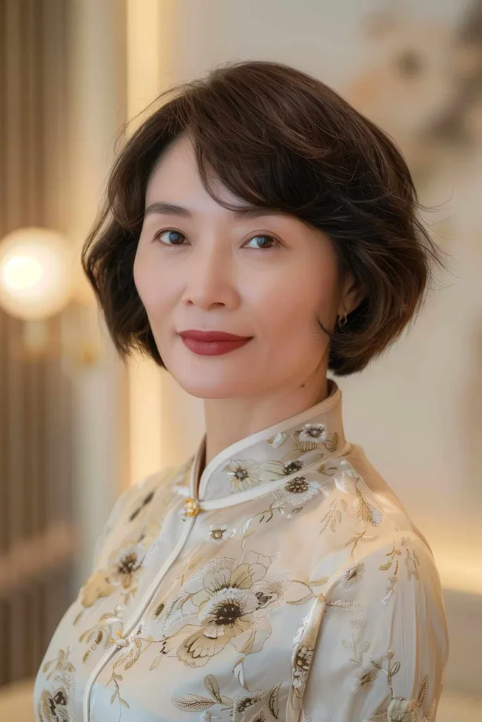 厚いウェーブのかかった髪のためのソフトウェーブのあるショートレイヤードボブヘアスタイル' title=