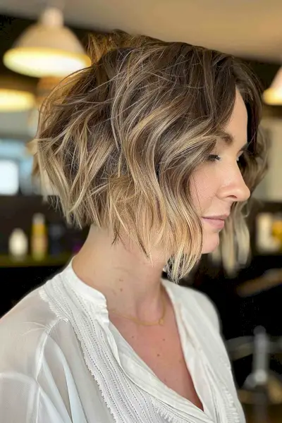 Textured inverted bob shag with blonde highlights for a voluminous look