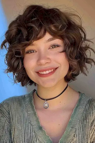the ideal shaggy bob for dark brown curly hair
