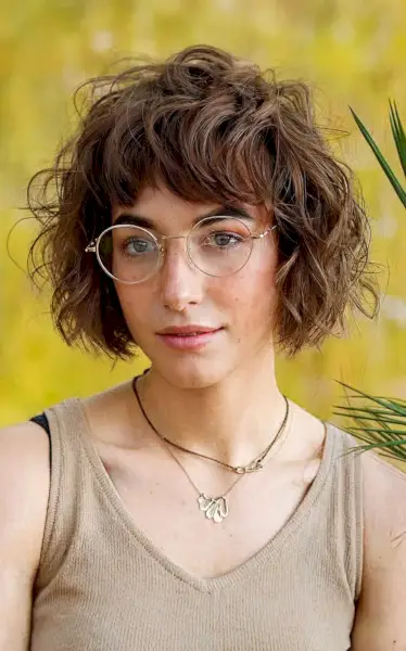 Short Shaggy Bob Razor Cut with Curls and Bangs