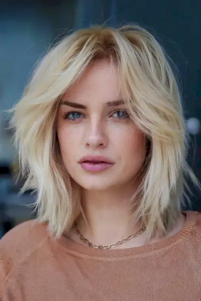 Shaggy Blonde Bob with Layers and Curtain Bangs