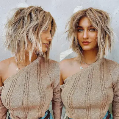 lived-in shaggy bob hairstyle with curtain bangs