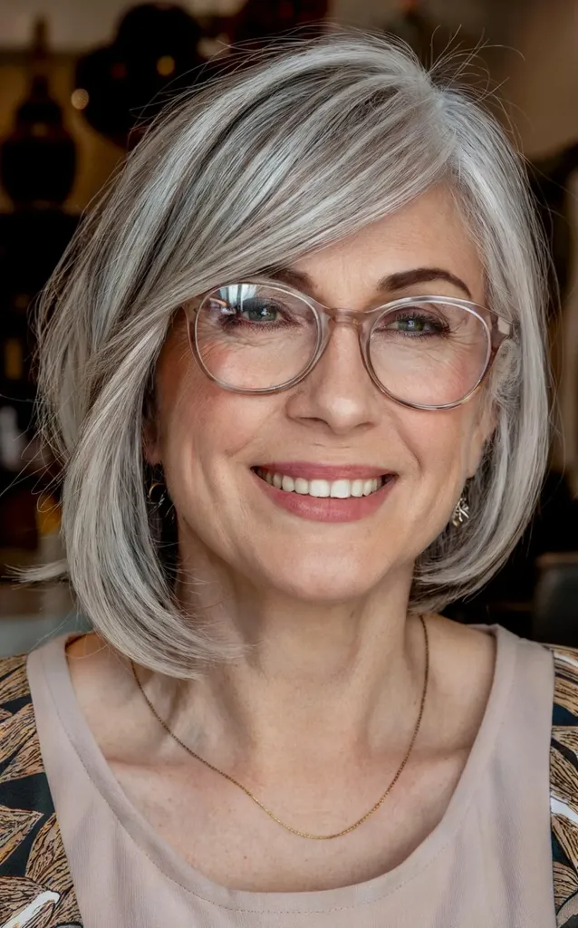 גזרת בוב אסימטרית קצרה עם פוני צד לנשים מבוגרות' title=