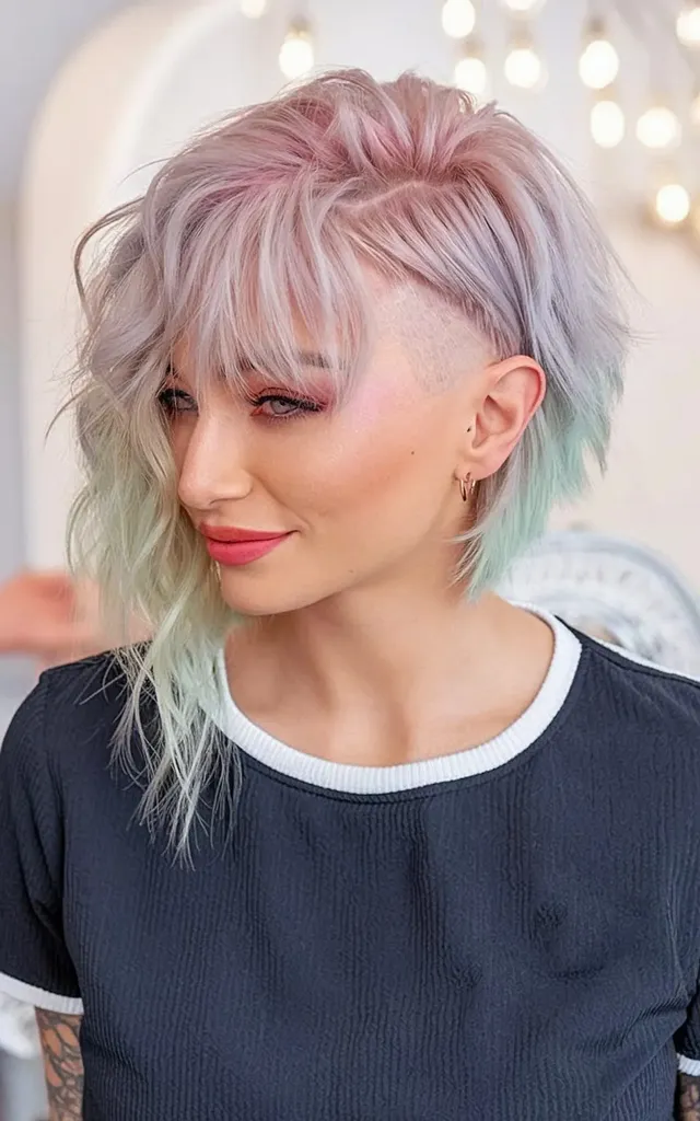 שיער פסטל צבעוני עם גזרת בוב אסימטרית קצרה ושוליים' title=