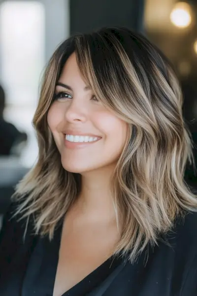 Woman with a shaggy lob haircut and soft face-framing bangs
