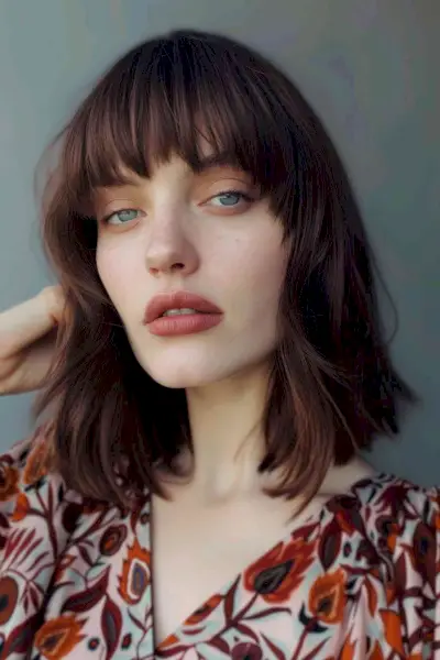 Young woman with voluminous layered bob and full eyebrow-grazing fringe