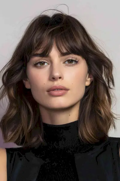Mid-length layered lob with curtain bangs hairstyle