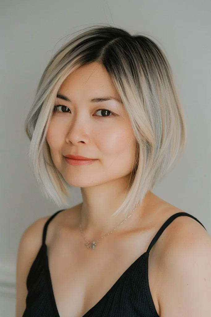 レイヤーと太陽に照らされたブロンドのトーンで立体感をプラスしたアストラロンブル ボブ' title=