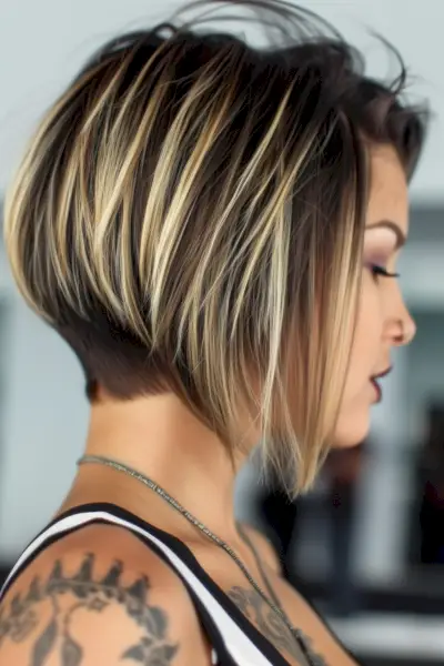 Short Bob with Undercut, Dark Roots, and Blonde Highlights