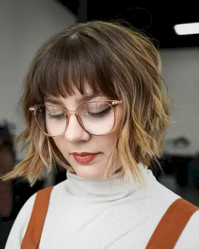 Beach-Inspired Textured Choppy Bob with Fringe for girls with glasses and ombre